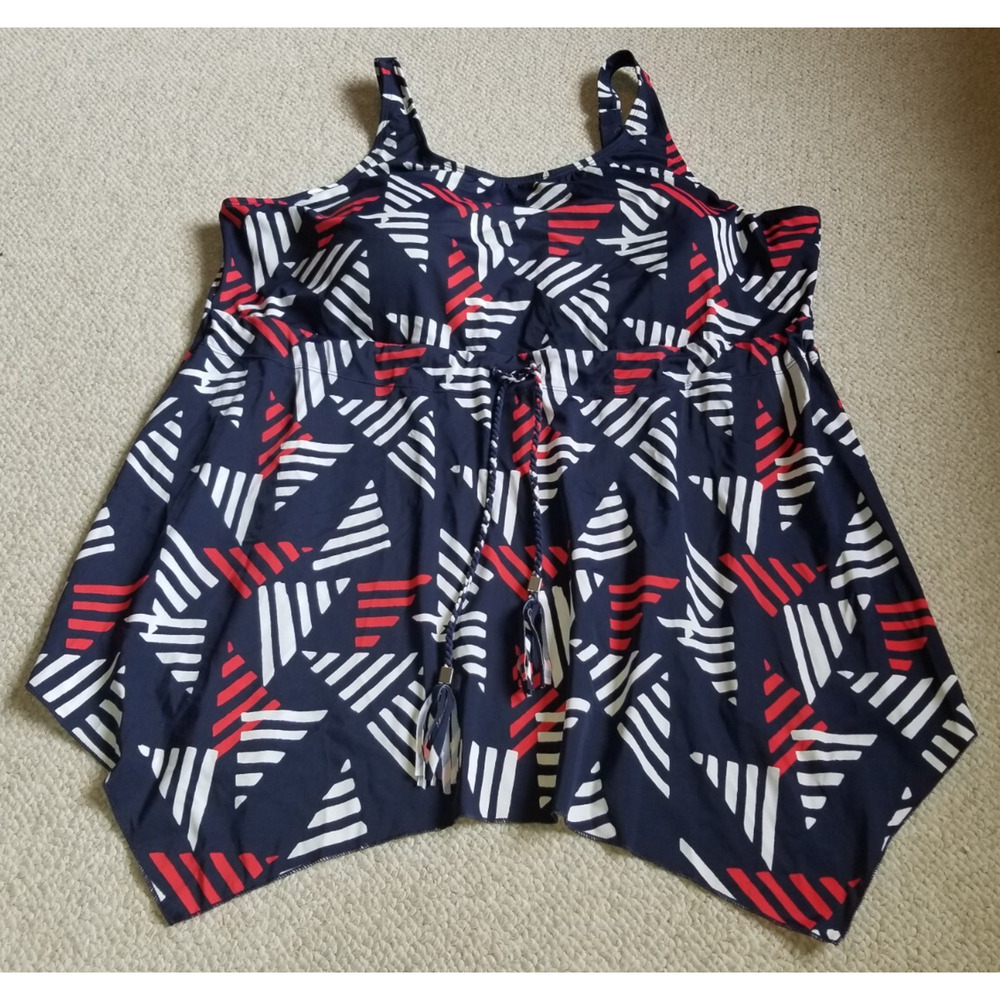 Womens Swim Suit-D&CO-blue/red geometric tankini top handkerchief multiway-22W - Picture 1 of 8